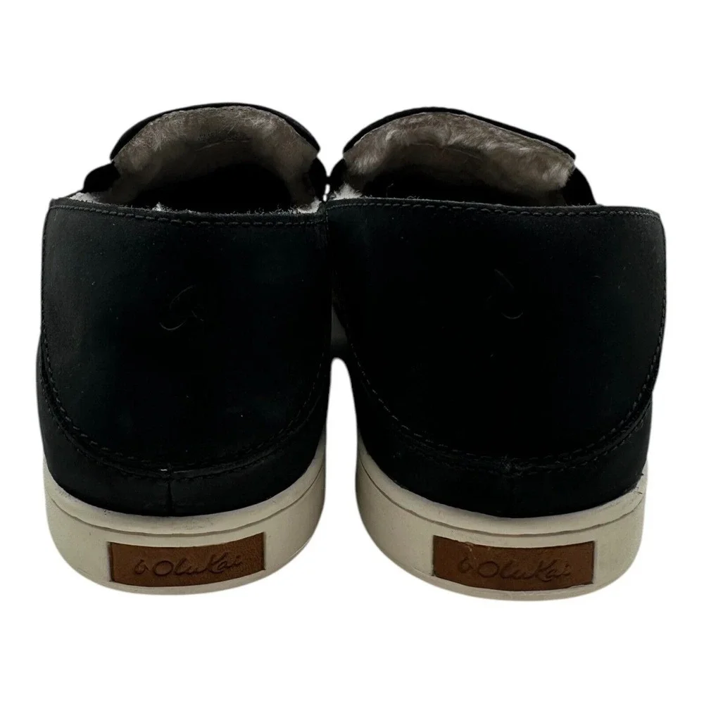 OluKai‎ Pehuea Heu Shearling Slip On Shoes Womens 10 Black Lava Leather Sneakers